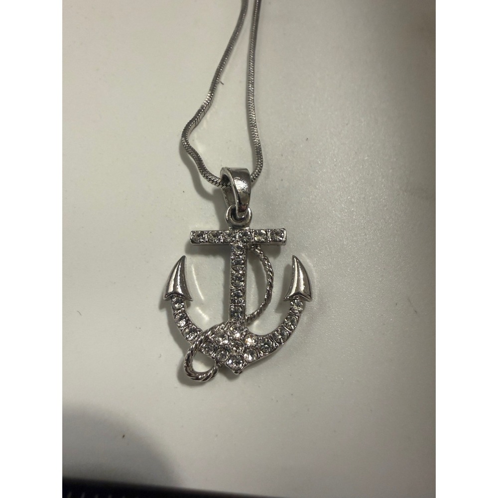 Silver Tone Rhinestone Anchor Pendant Necklace Nautical Snake Chain 16 Inch